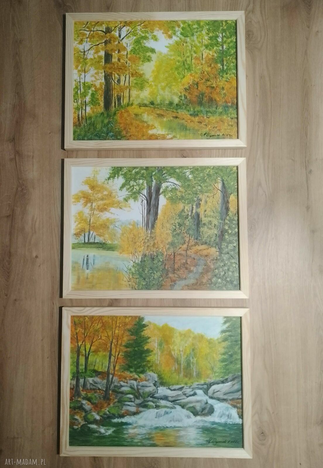 Tryptyk jesienny - ręcznie malowane obrazy akrylowe z ramami 3x40x30 cm