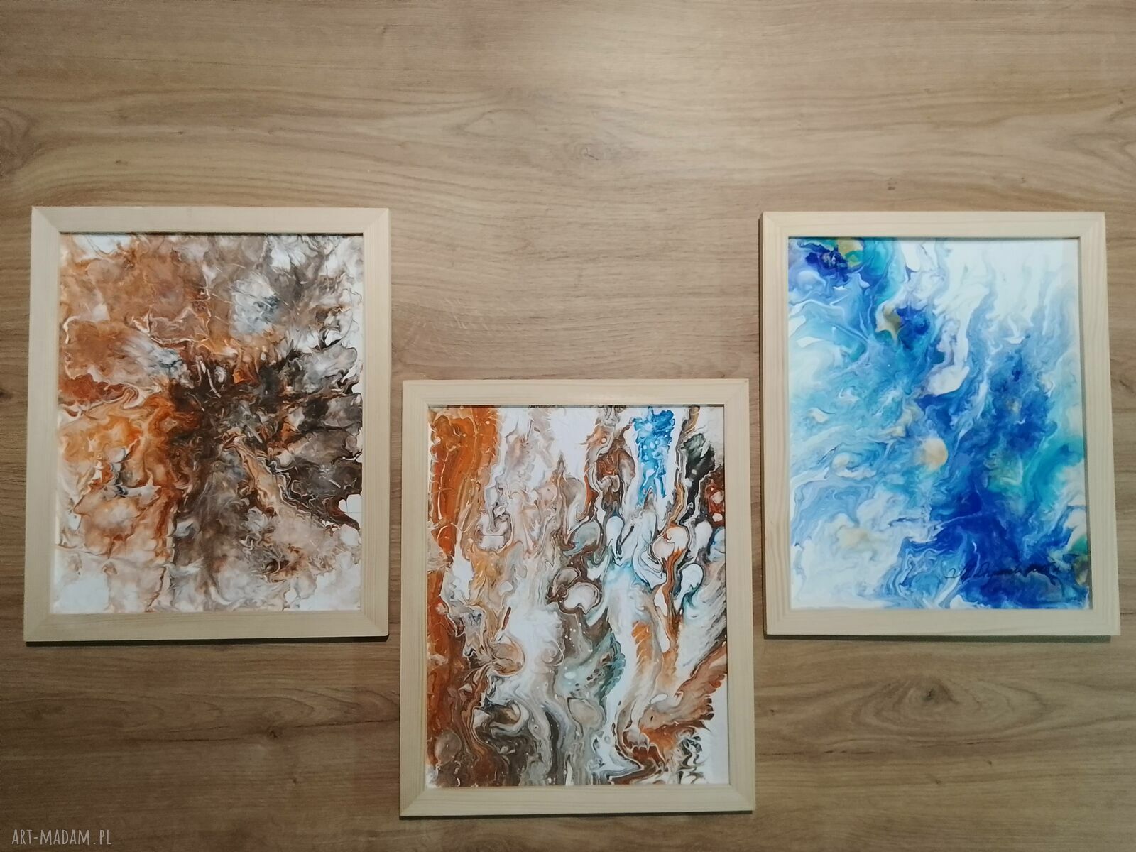Tryptyk energetyczny Pouring z ramami - 3 ręcznie malowane obrazy 24x30 cm