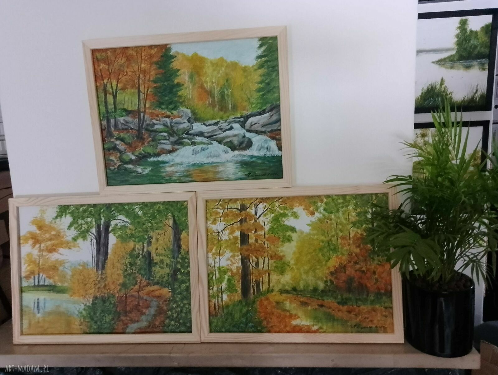 Tryptyk jesienny - ręcznie malowane obrazy akrylowe z ramami 3x40x30 cm