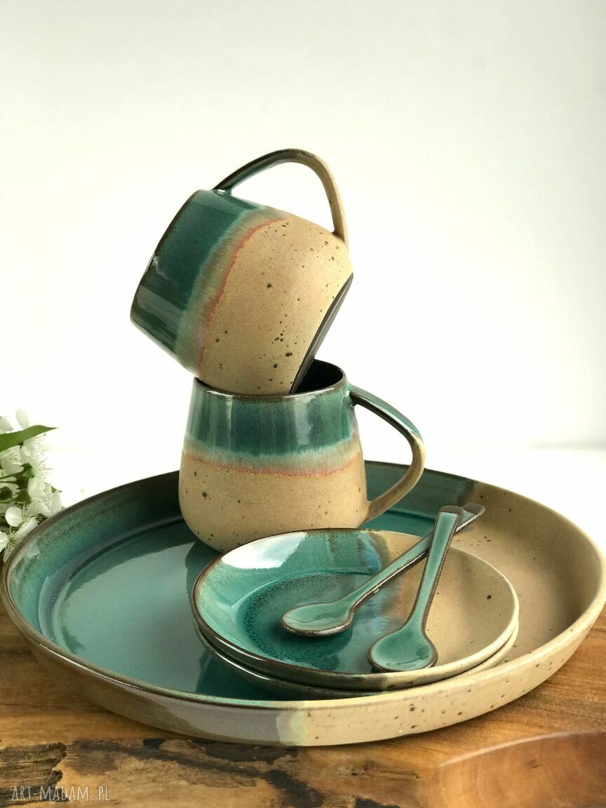 Ceramiczny zestaw do kawy: taca + 2 duże filiżanki ze spodkami