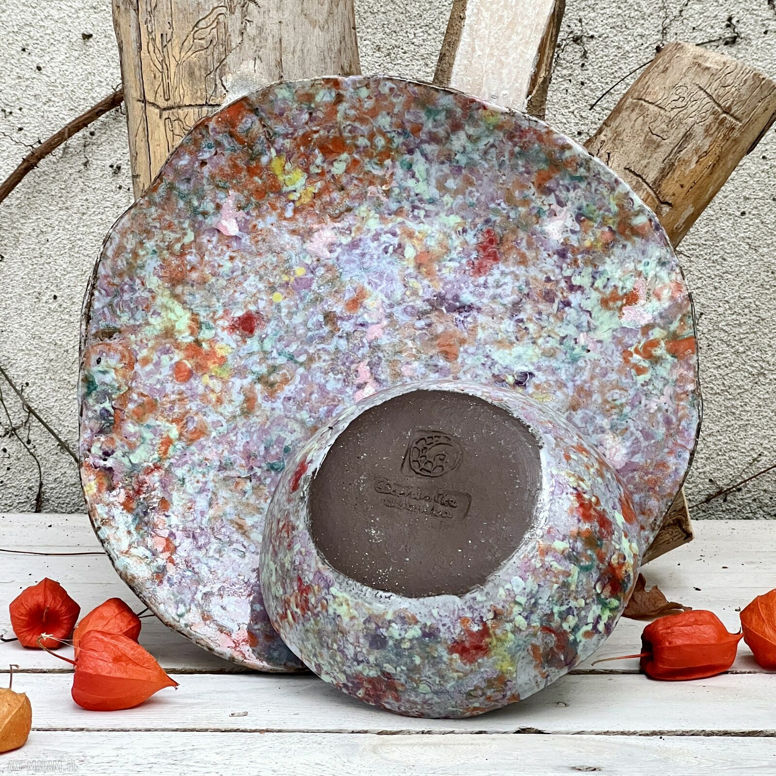 Zestaw talerz i miska łąka kwietna - kolorowa ceramika handmade do serwowania