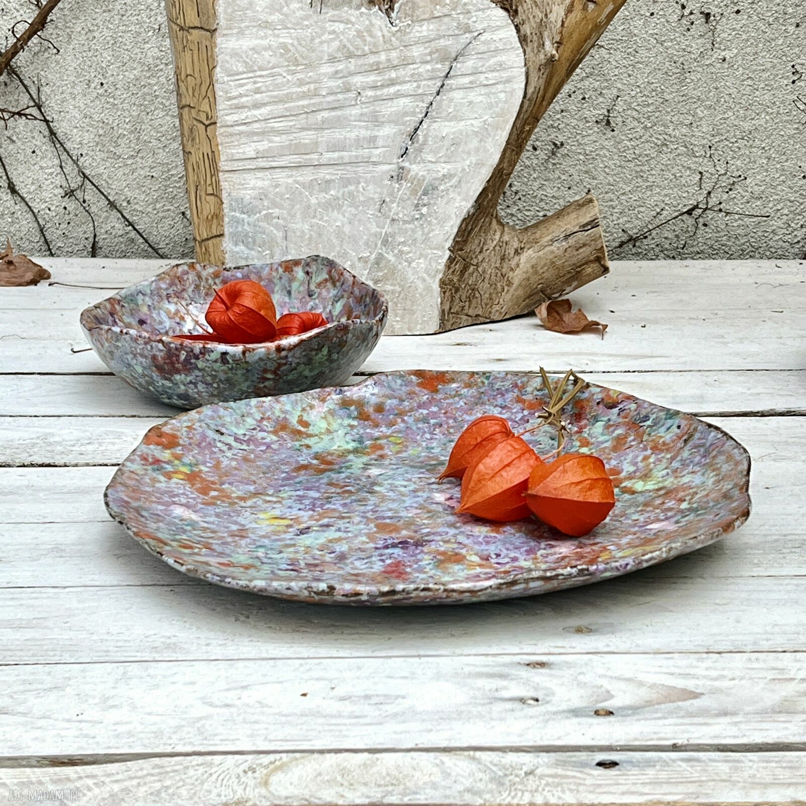 Zestaw talerz i miska łąka kwietna - kolorowa ceramika handmade do serwowania
