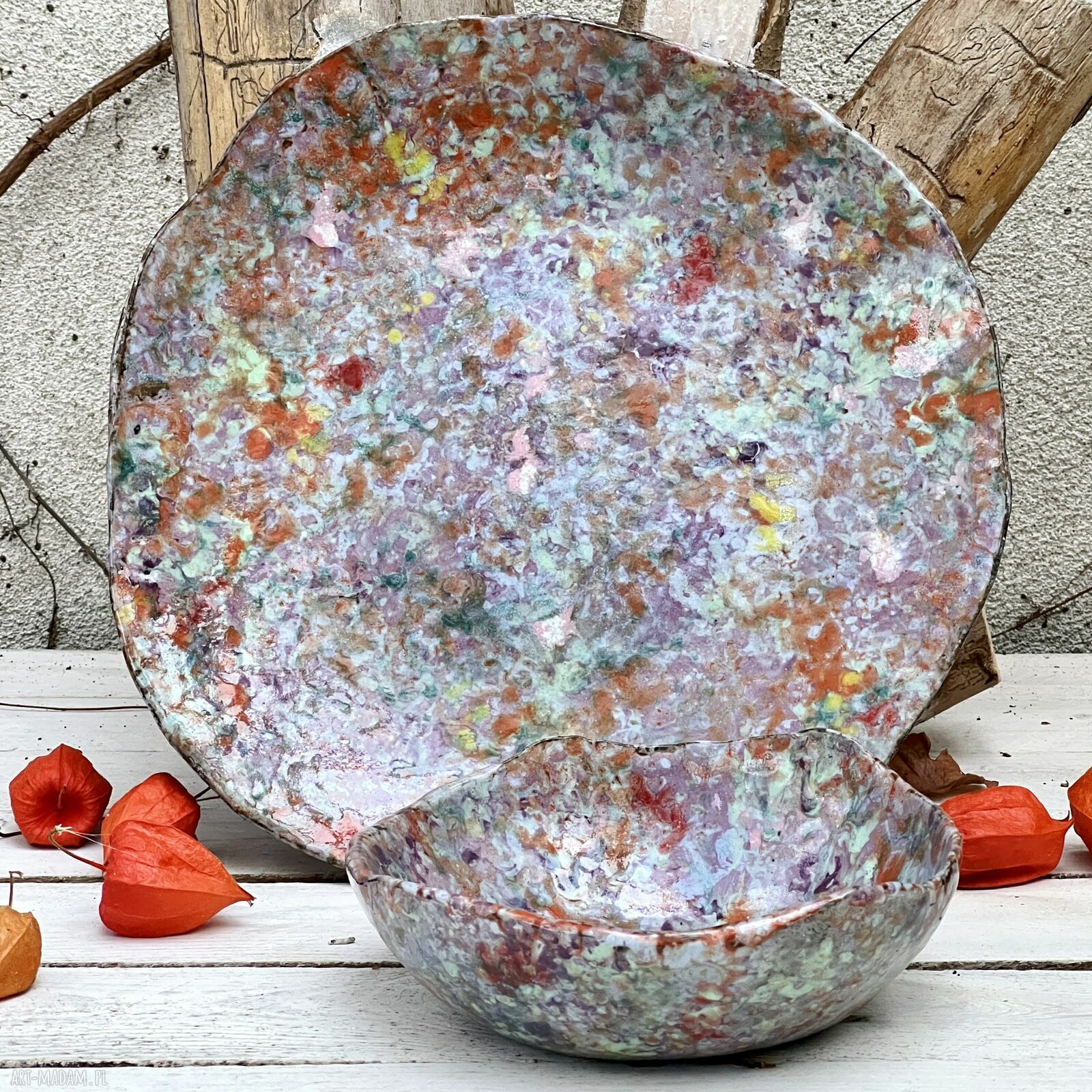 Zestaw talerz i miska łąka kwietna - kolorowa ceramika handmade do serwowania