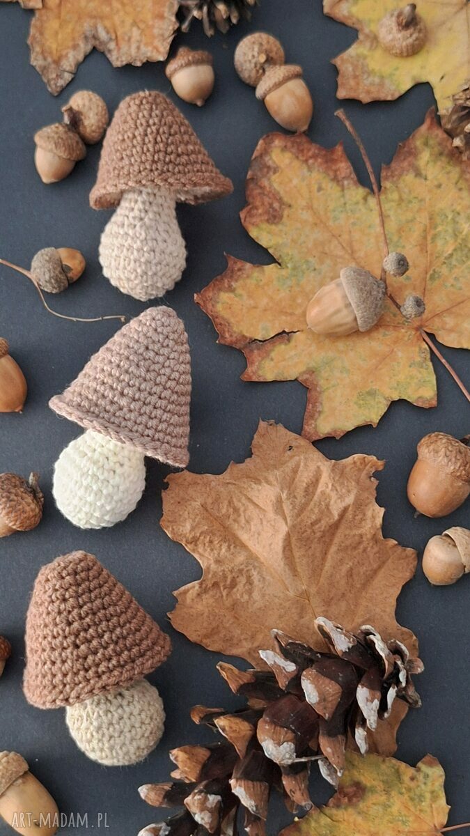 Zestaw trzech szydełkowych grzybków „Brązowa Jesień” w wersji handmade (3 szt.)
