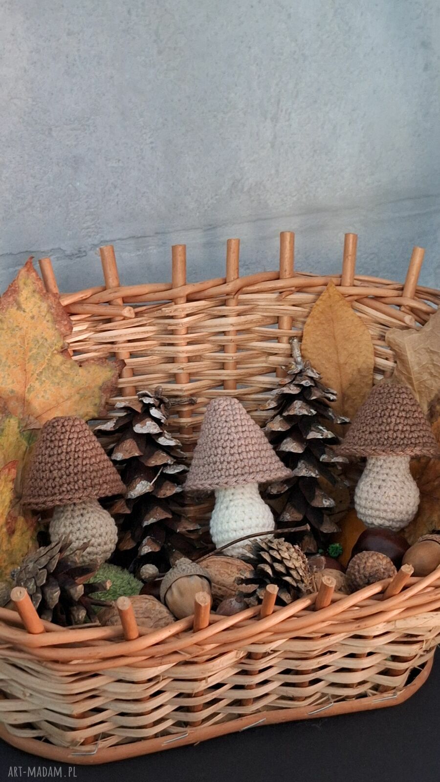 Zestaw trzech szydełkowych grzybków „Brązowa Jesień” w wersji handmade (3 szt.)