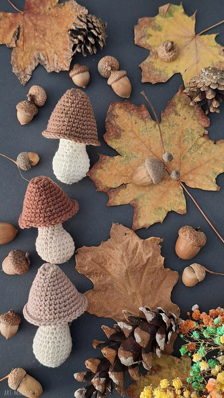 Zestaw trzech szydełkowych grzybków - brązowa jesień w wersji handmade