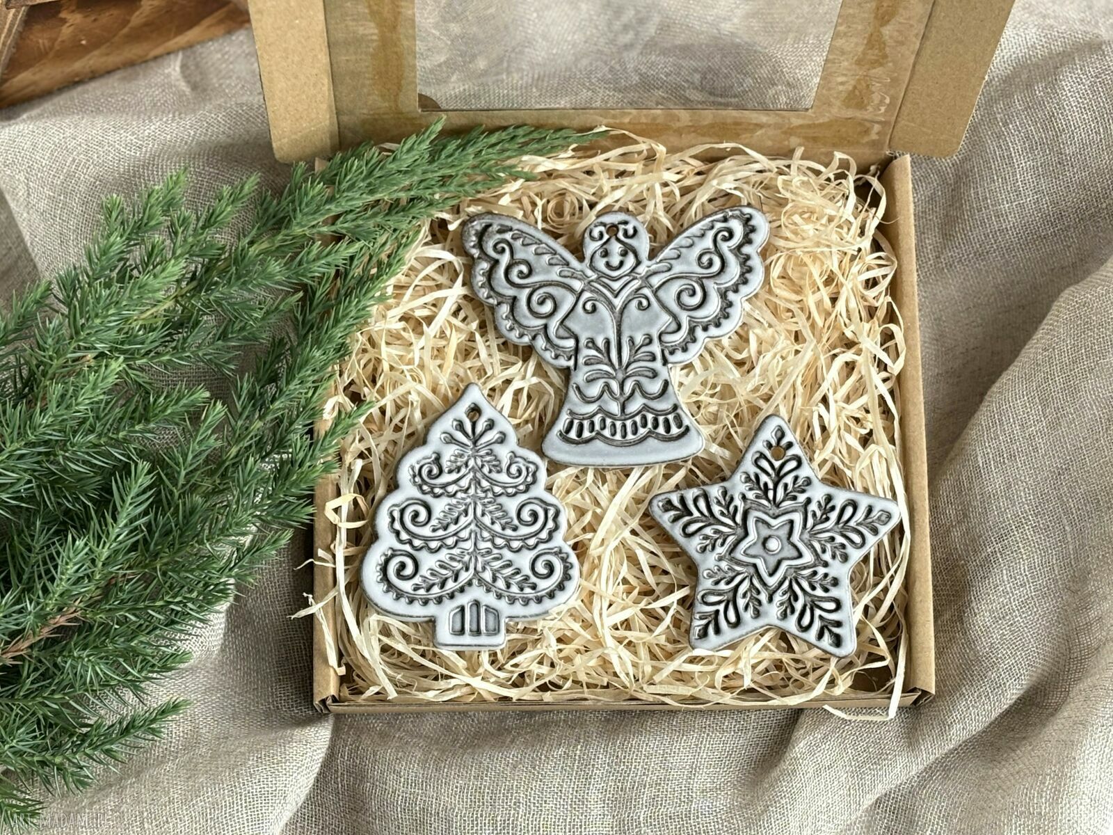 Zestaw 3 ceramicznych zawieszek boho na choinkę (choinka, aniołek, gwiazdka)