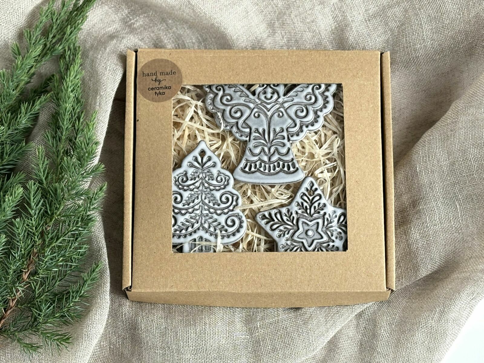 Zestaw 3 ceramicznych zawieszek boho na choinkę (choinka, aniołek, gwiazdka)