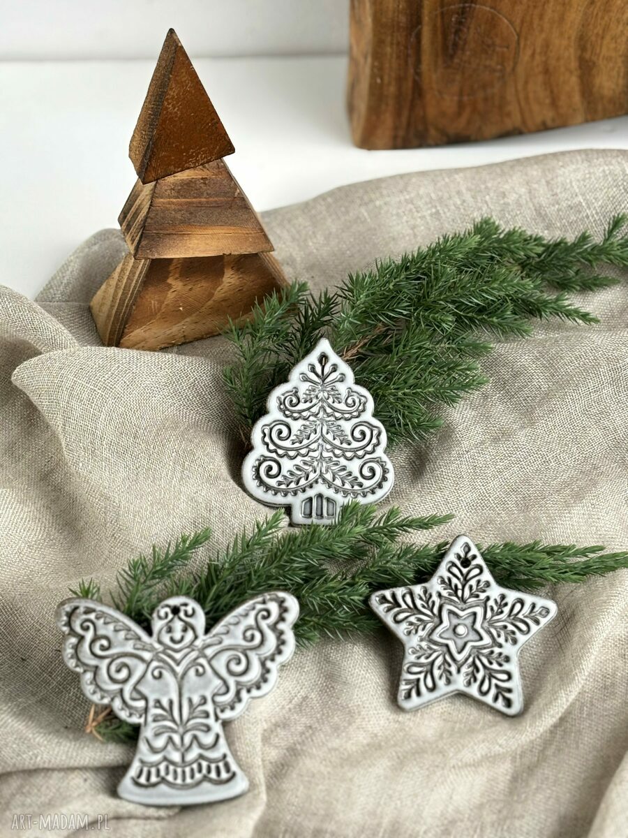 Zestaw 3 ceramicznych zawieszek boho na choinkę (choinka, aniołek, gwiazdka)