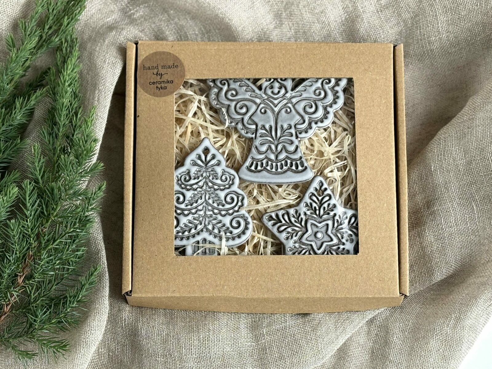 Zestaw 3 ceramicznych zawieszek boho na choinkę (choinka, aniołek, gwiazdka)