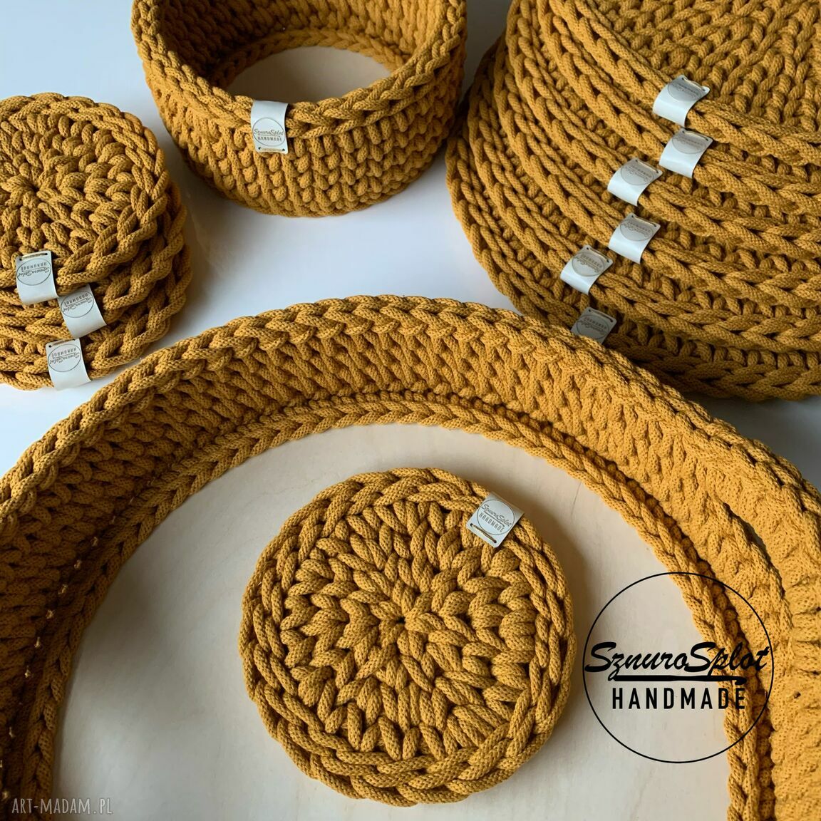 Zestaw podkładki, taca i koszyczek ze sznurka miód - komplet handmade