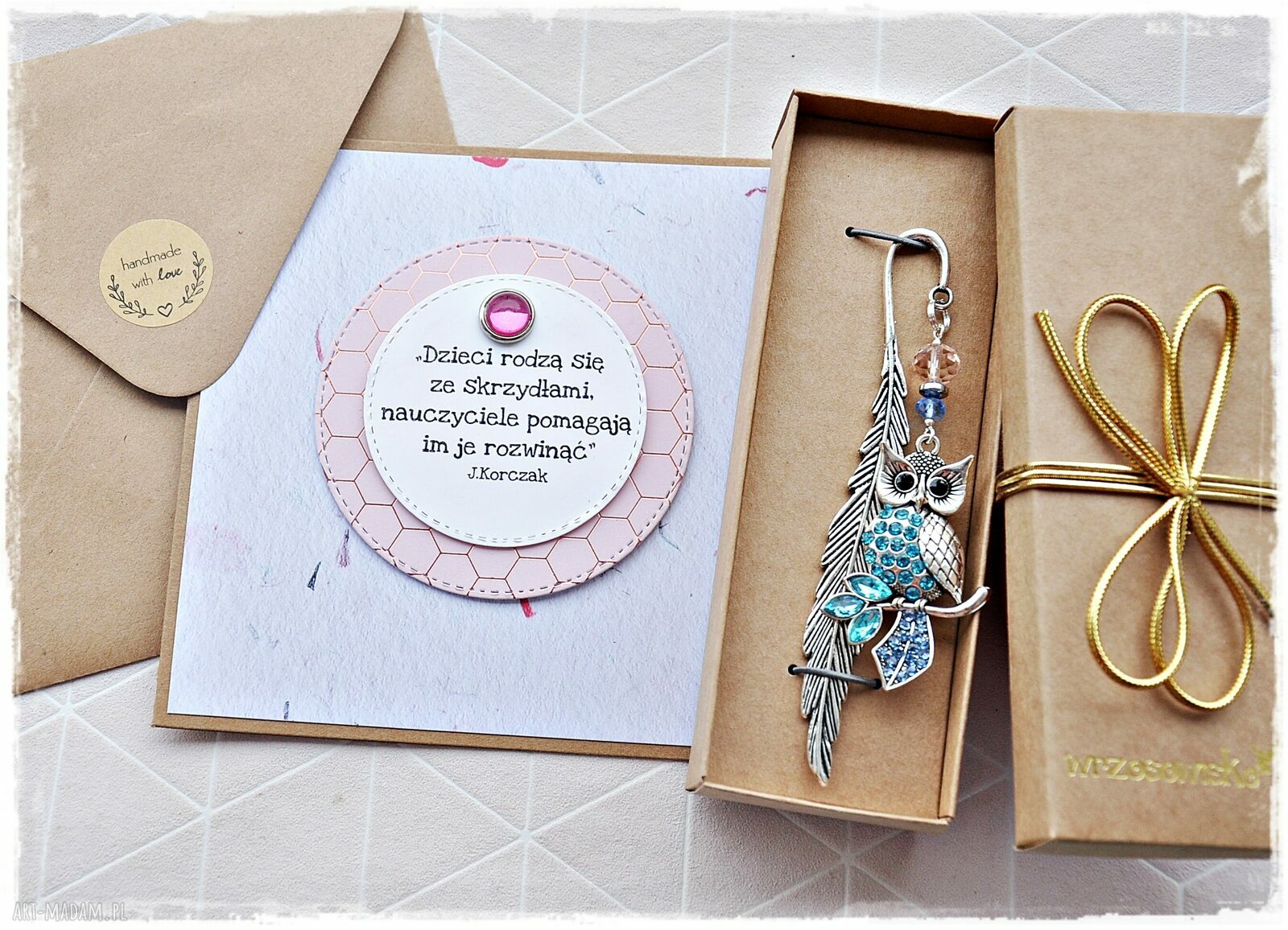 Zestawa prezentowy dla nauczyciela zakładka sowa kartka szkoła
