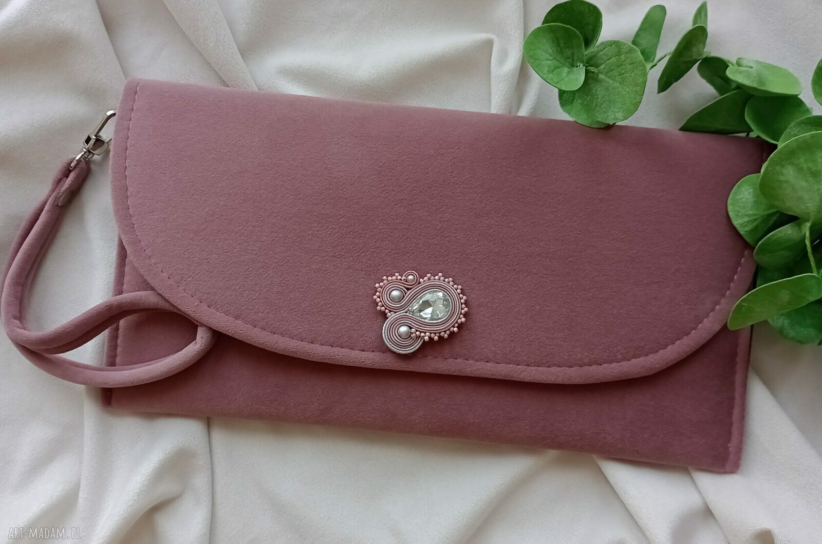 Zgaszony brudny róż - kopertówka z haftem soutache (do ręki) na wesele