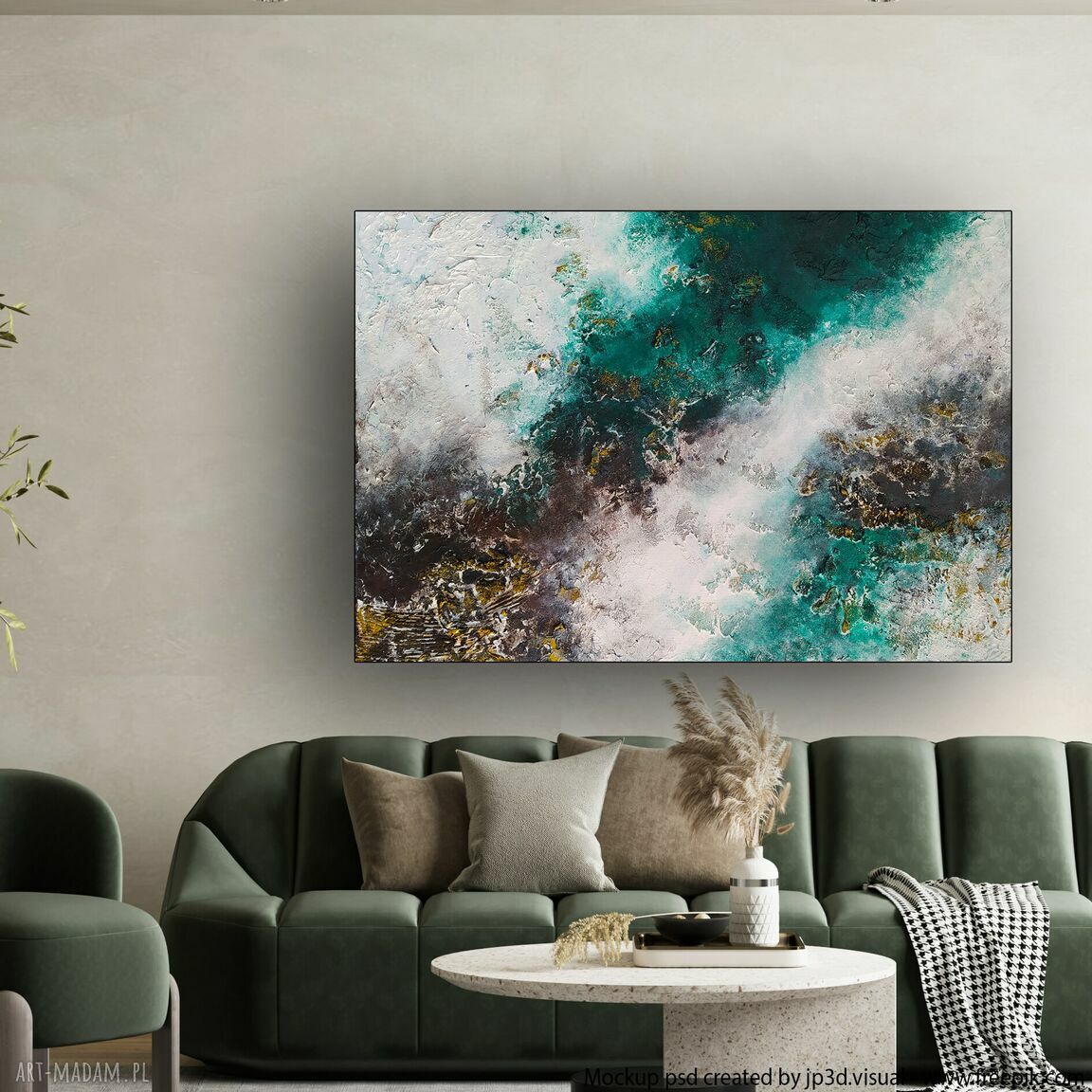 Zielona abstrakcja 70x100 cm - ręcznie malowany obraz strukturalny na płótnie