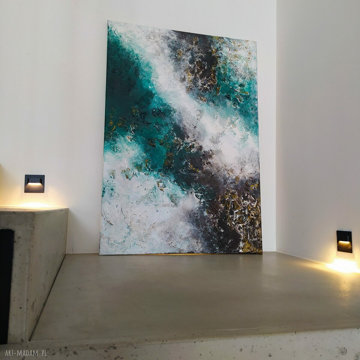 Zielona abstrakcja 70x100 cm z złotymi akcentami - obraz ręcznie malowany akrylami