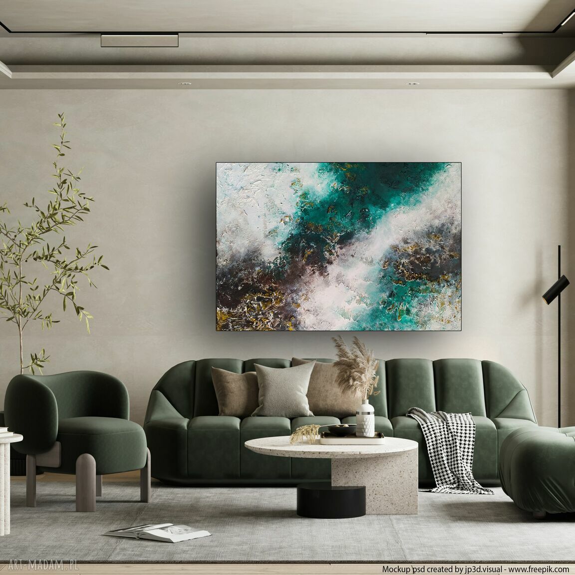 Zielona abstrakcja 70x100 cm z złotymi akcentami - obraz ręcznie malowany akrylami