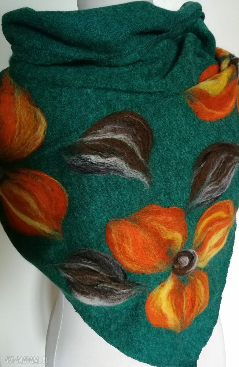 Zielona i turkusowa chusta handmade z wełny merynosów (97x160)