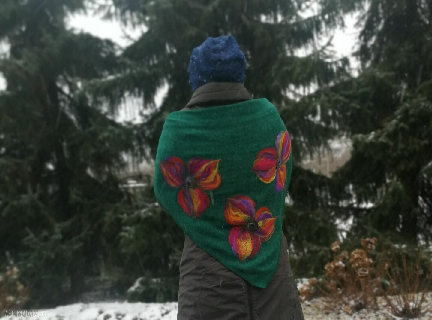 Zielona- turkusowa chusta handmade z wełny merino, filcowane elementy - folkowa zima (97 x 160 cm)
