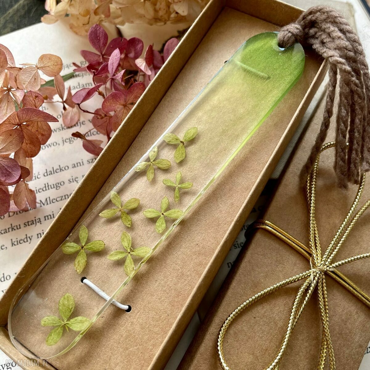 Zielone Hortensje zakładka do książki handmade