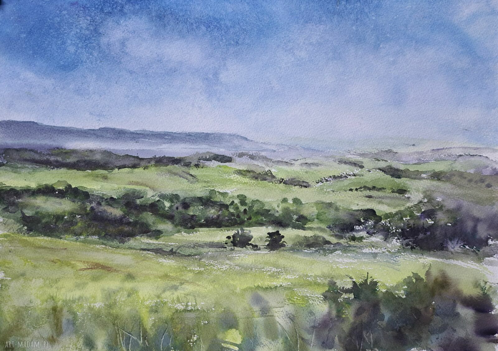 Zielone wzgórza - oryginalna akwarela A3 42 x 29,7 cm