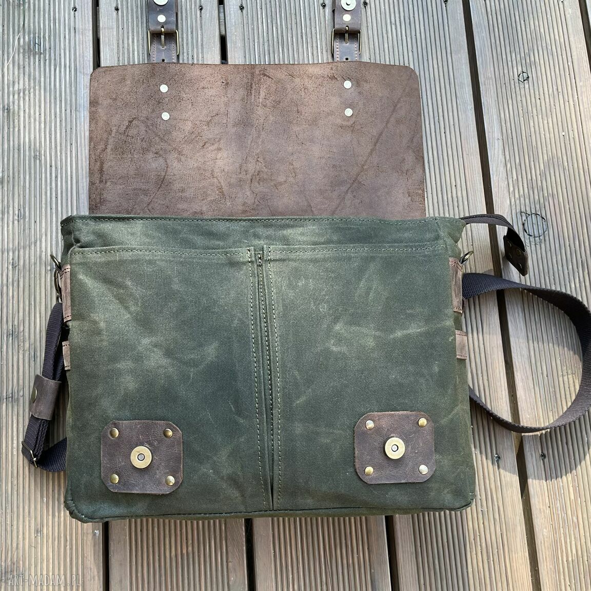 na ramię: Zielono brązowa torba ze skóry i bawełny woskowanej. Vintage. hand made