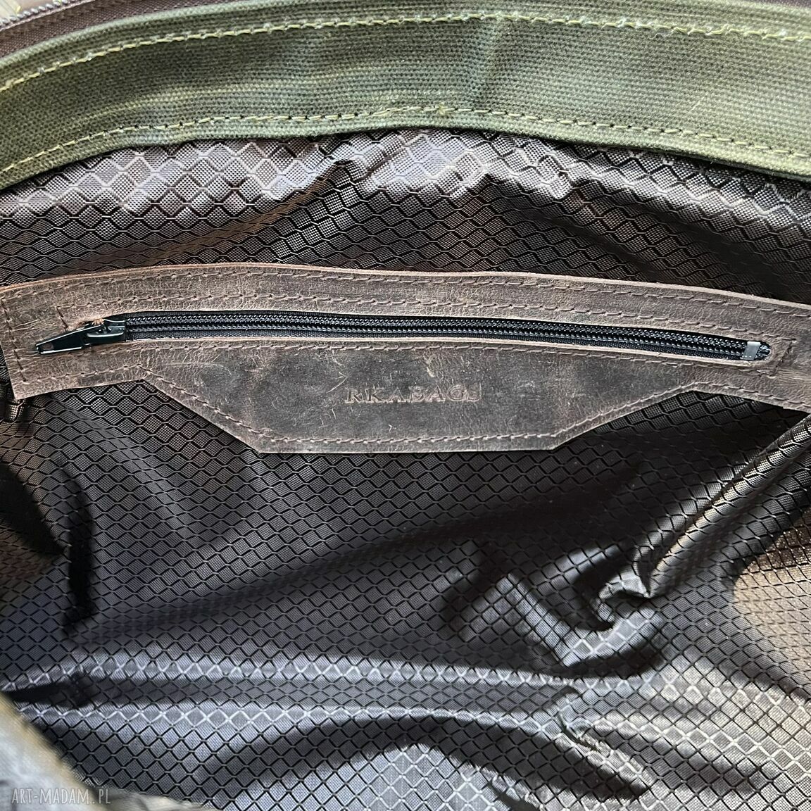 na ramię: Zielono brązowa torba ze skóry i bawełny woskowanej. Vintage. hand made