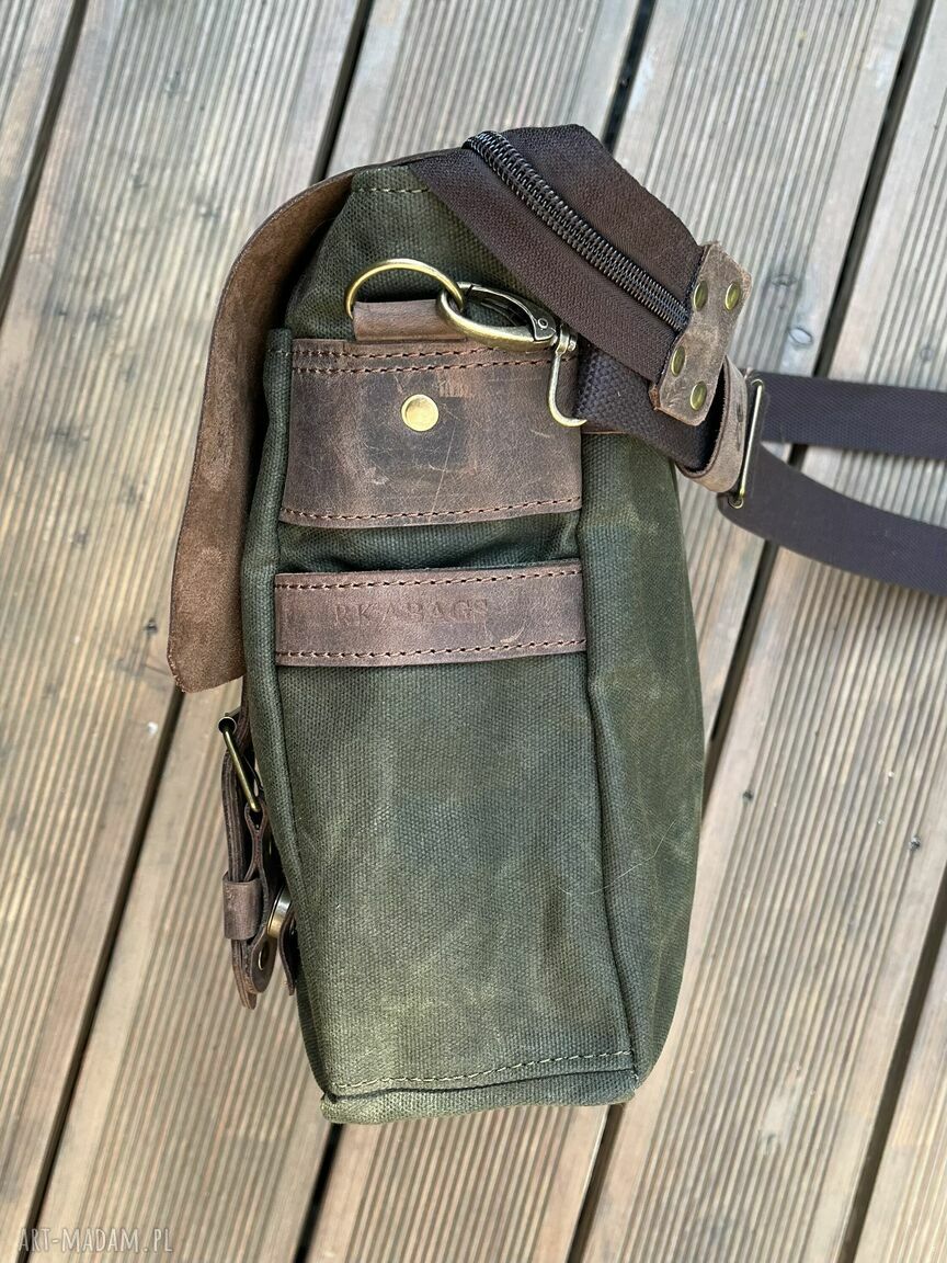 na ramię: Zielono brązowa torba ze skóry i bawełny woskowanej. Vintage. hand made