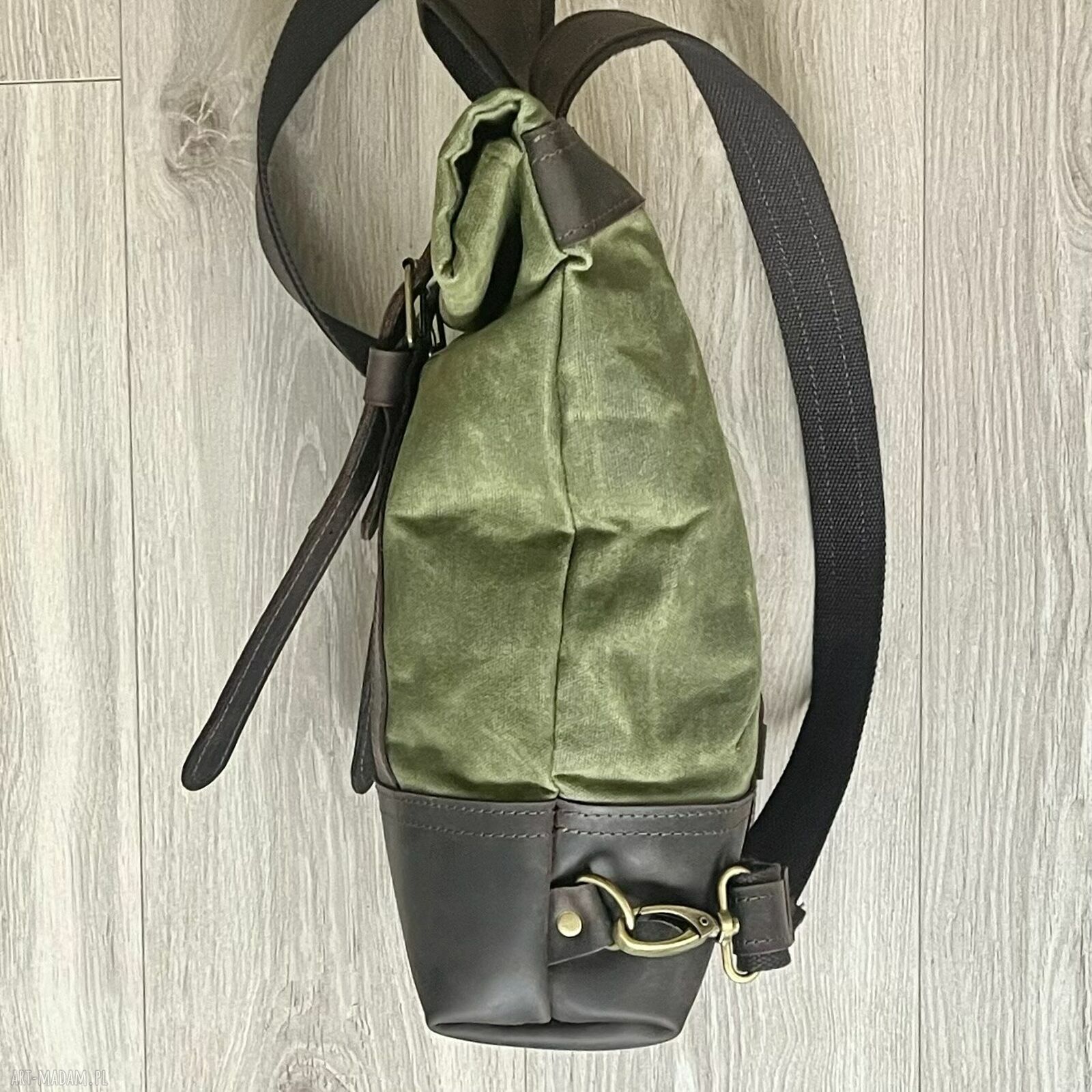 plecaki: Zielono brązowy plecak z bawełny woskowanej i skóry Vintage zapinany na dwie