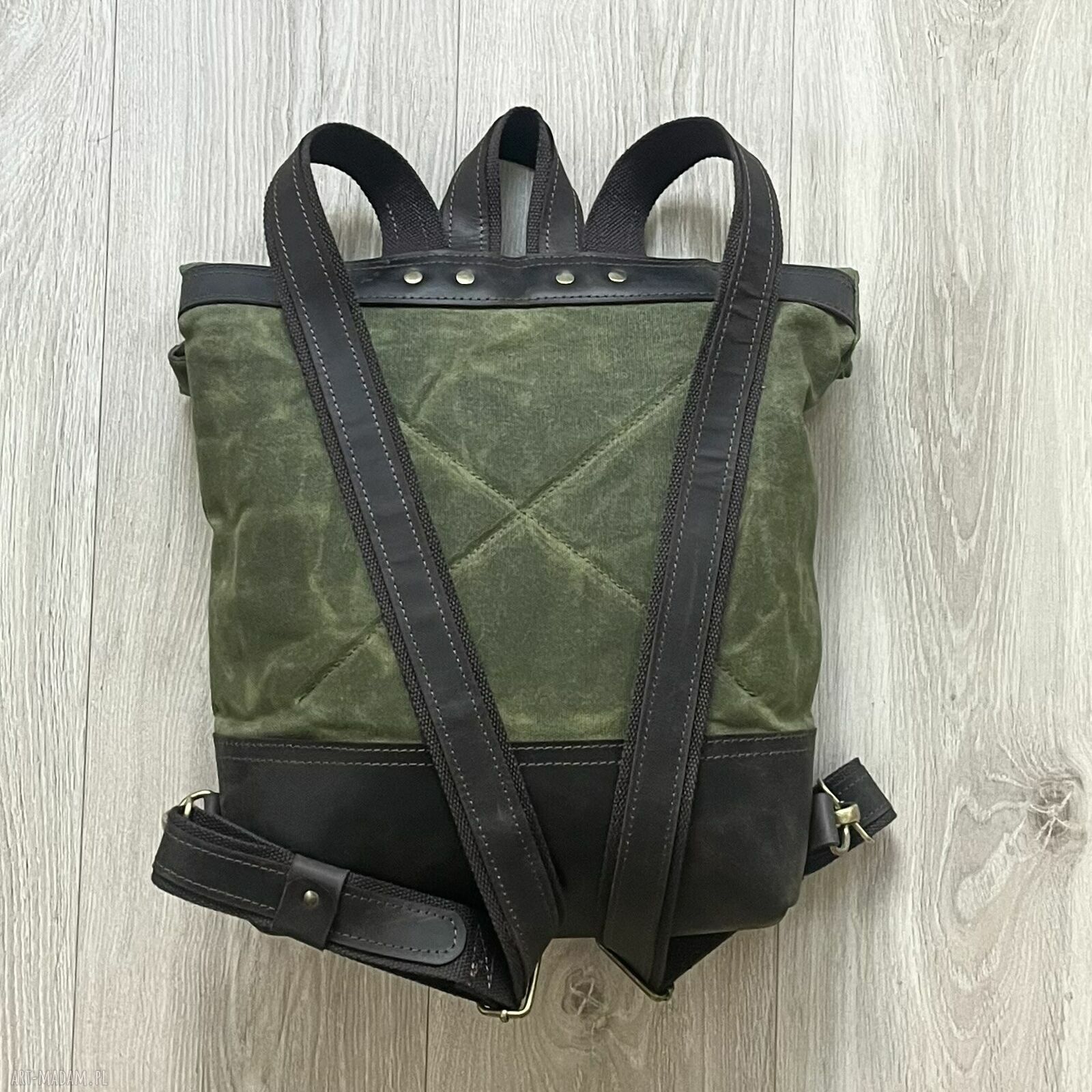 plecaki: Zielono brązowy plecak z bawełny woskowanej i skóry Vintage zapinany na dwie