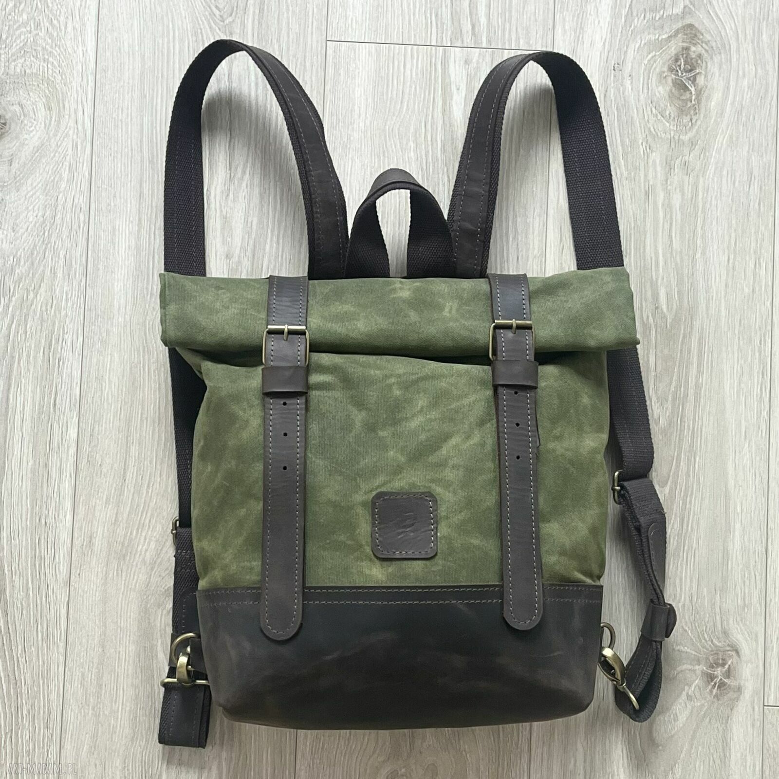 plecaki: Zielono brązowy plecak z bawełny woskowanej i skóry Vintage zapinany na dwie