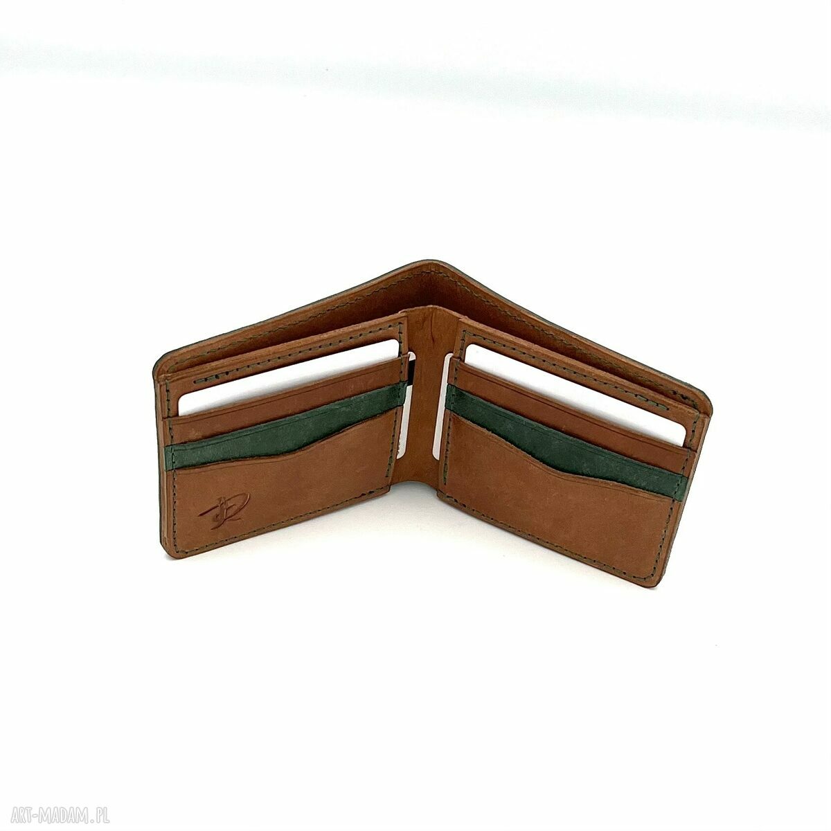 portfele: Zielono brązowy portfel skórzany uszyty. ręcznie wykonane