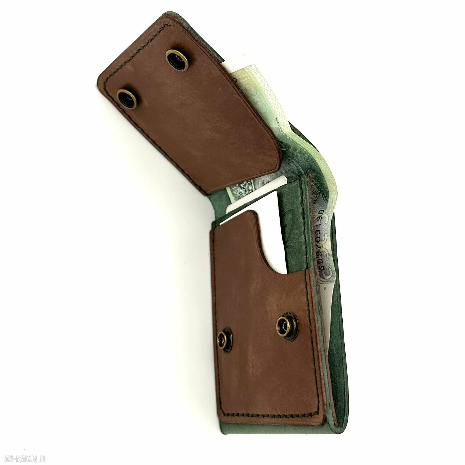portfele: Zielono brązowy portfel skórzany ręcznie uszyty na karty i banknoty