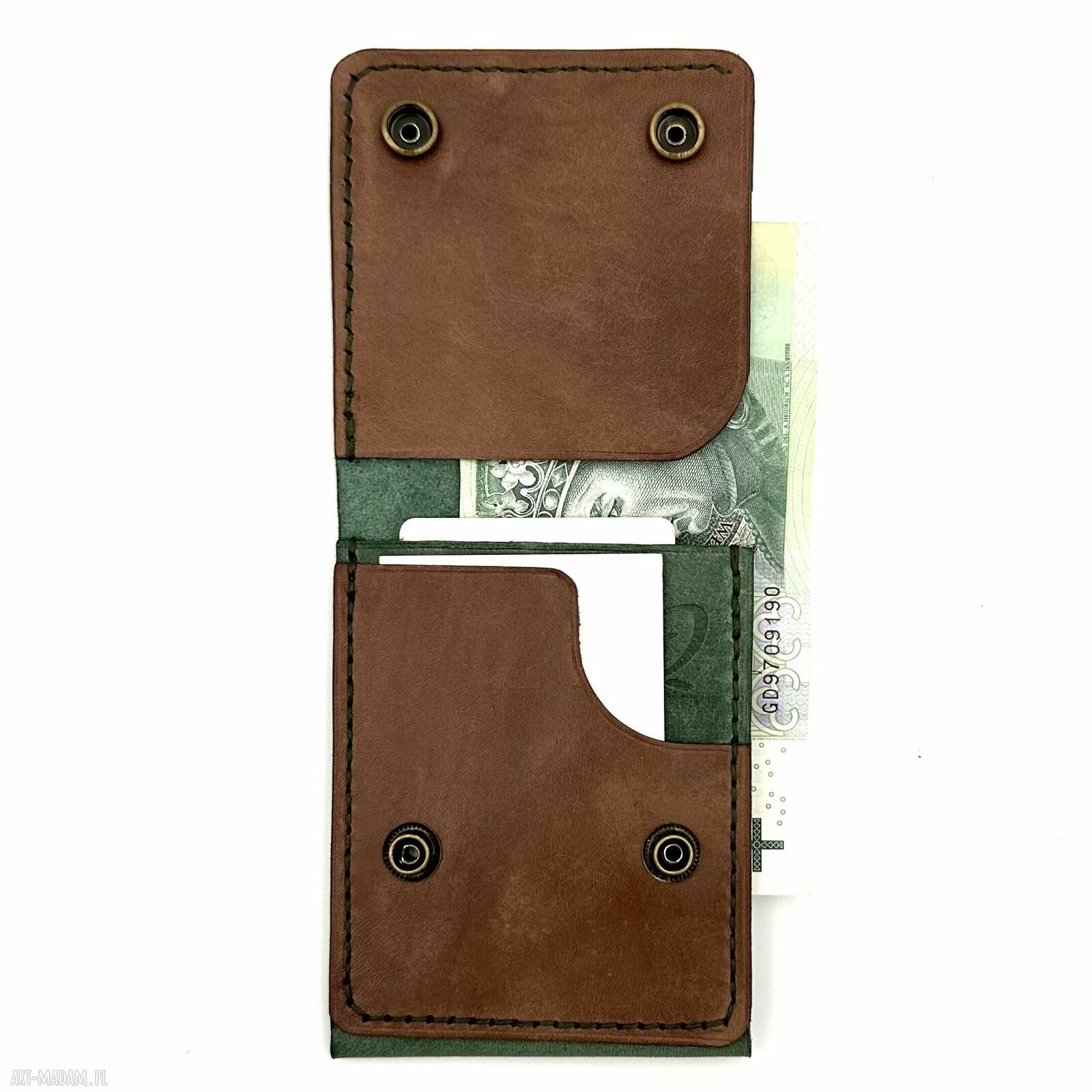 portfele: Zielono brązowy portfel skórzany ręcznie uszyty na karty i banknoty