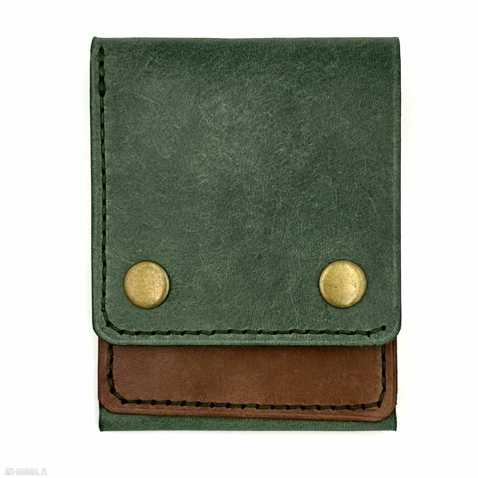 Zielono brązowy portfel skórzany ręcznie uszyty karty banknoty