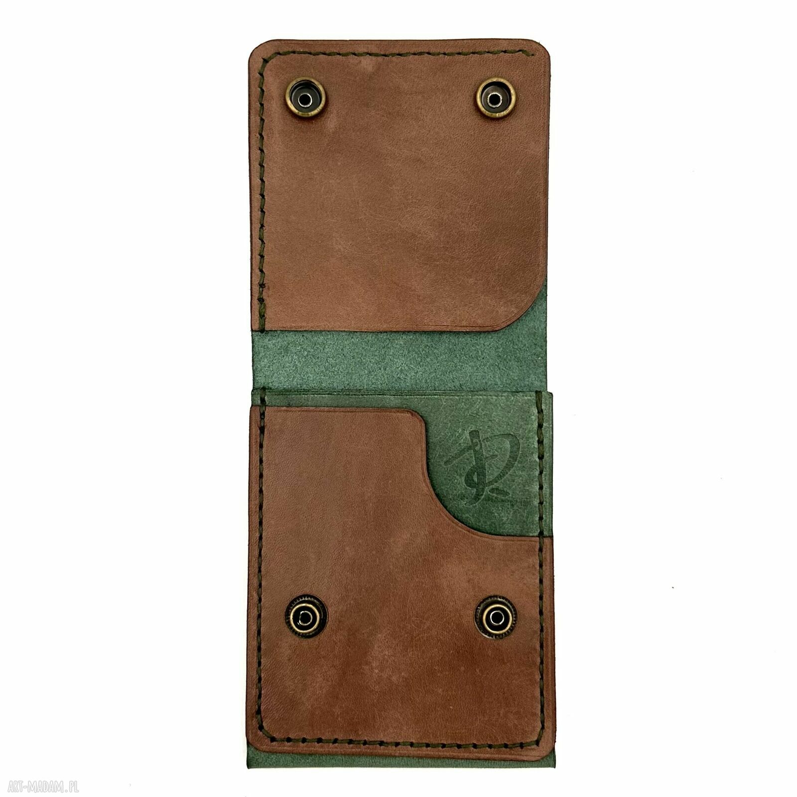portfele: Zielono brązowy portfel skórzany ręcznie uszyty na karty i banknoty
