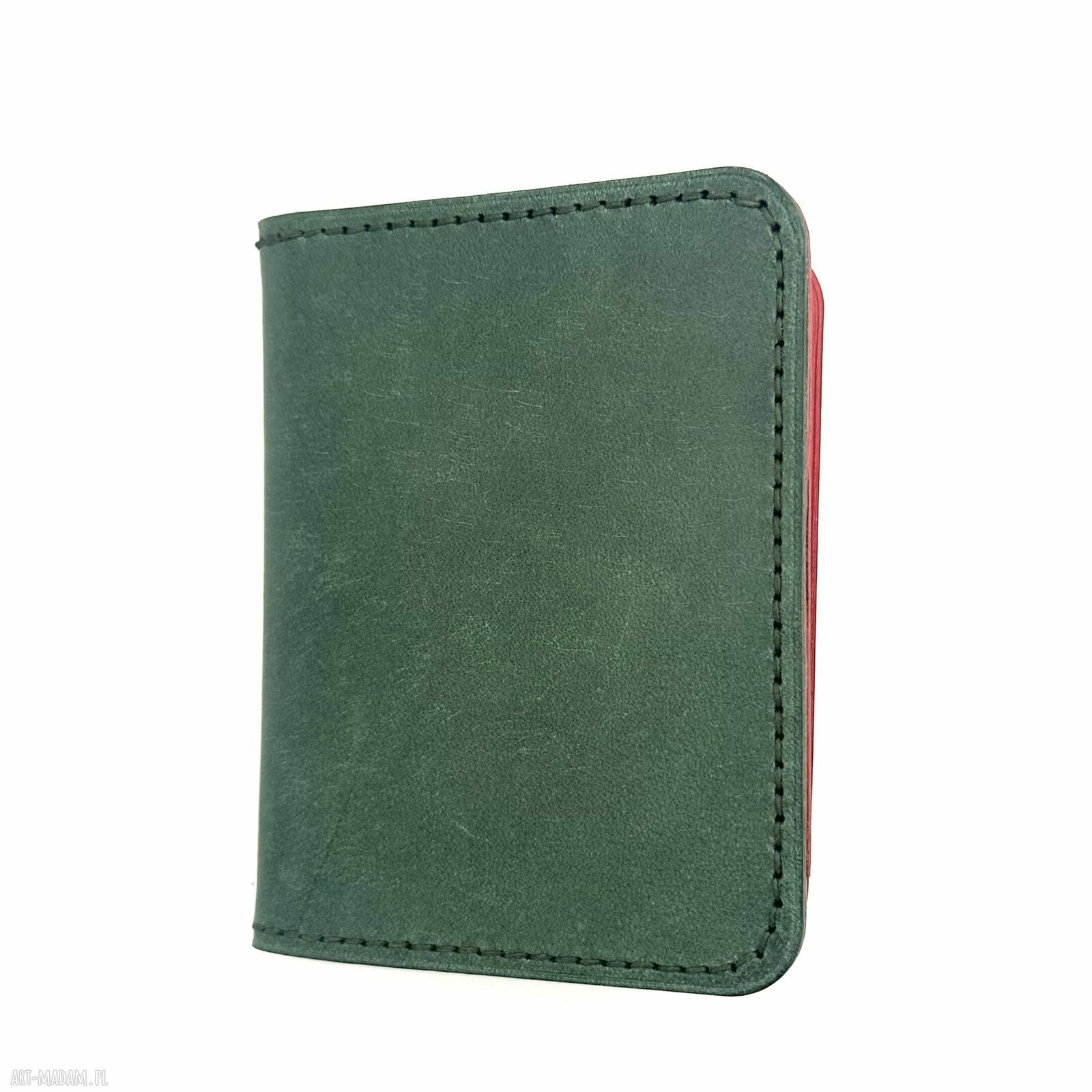 portfele: Zielono czerwony portfel ręcznie uszyty ze skóry garbowanej roślinnie