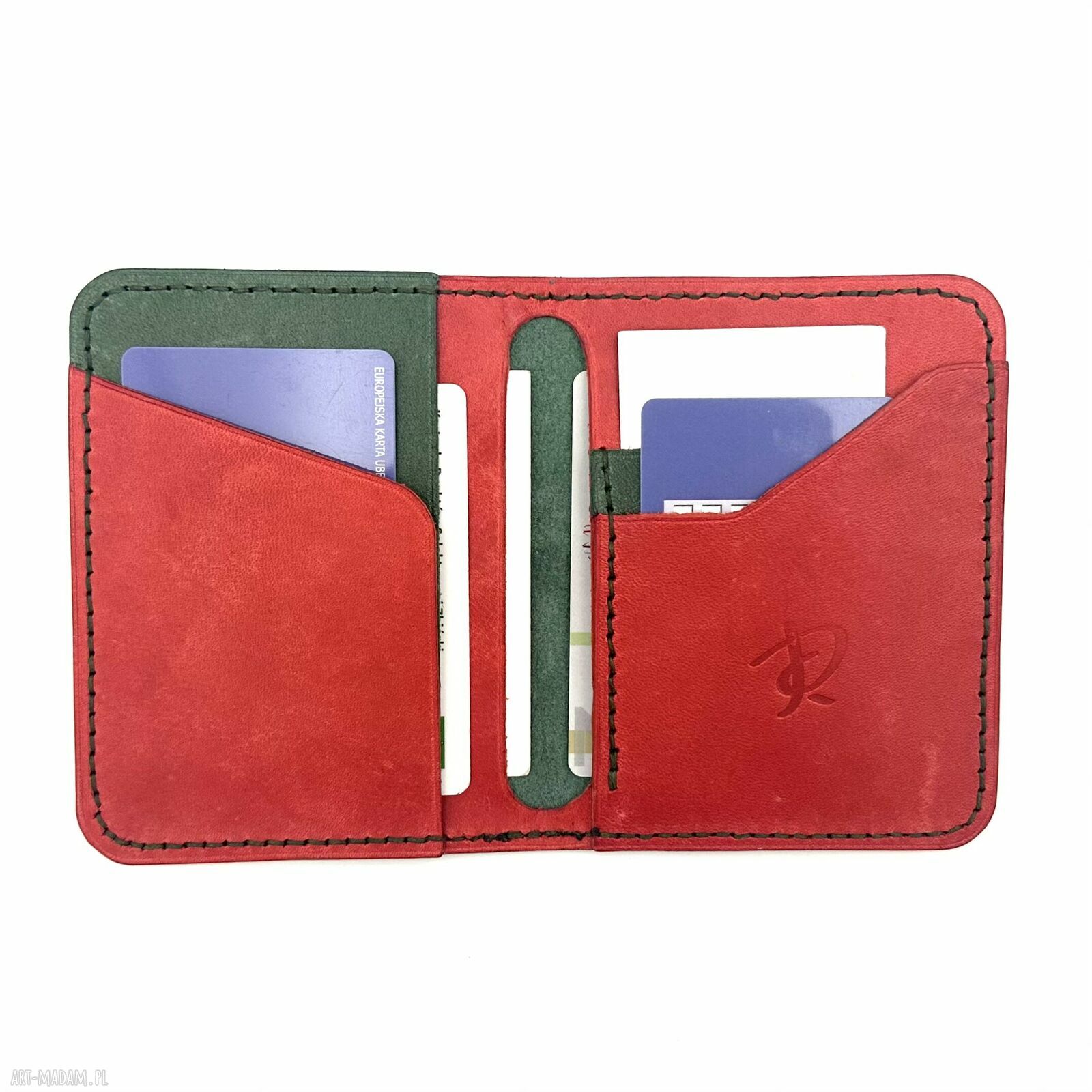 portfele: Zielono czerwony portfel ręcznie uszyty ze skóry garbowanej roślinnie