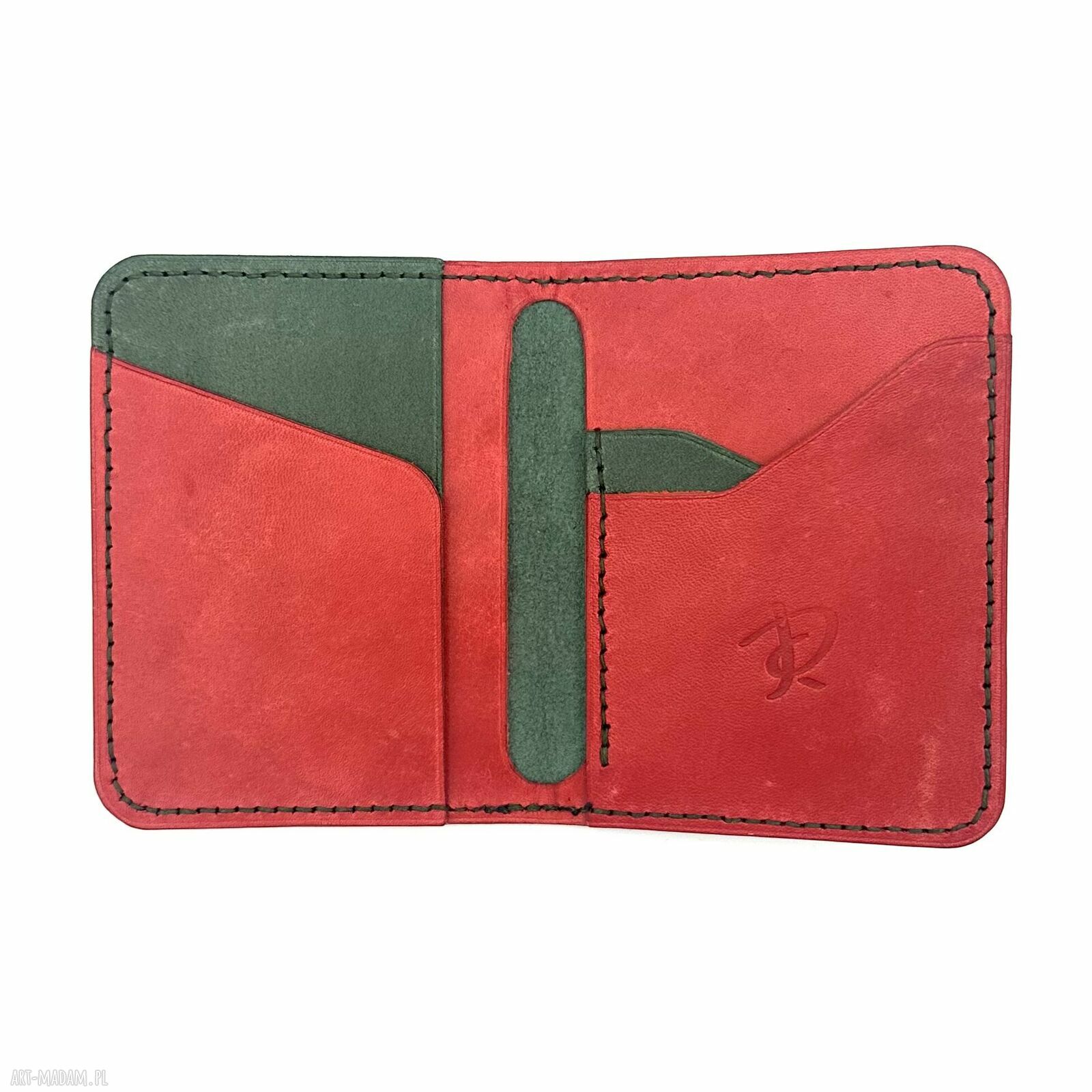 Zielono czerwony portfel ręcznie uszyty skóry garbowanej