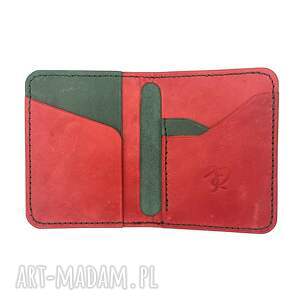 zielono czerwony portfel ręcznie uszyty ze skóry garbowanej - portfel skórzany
