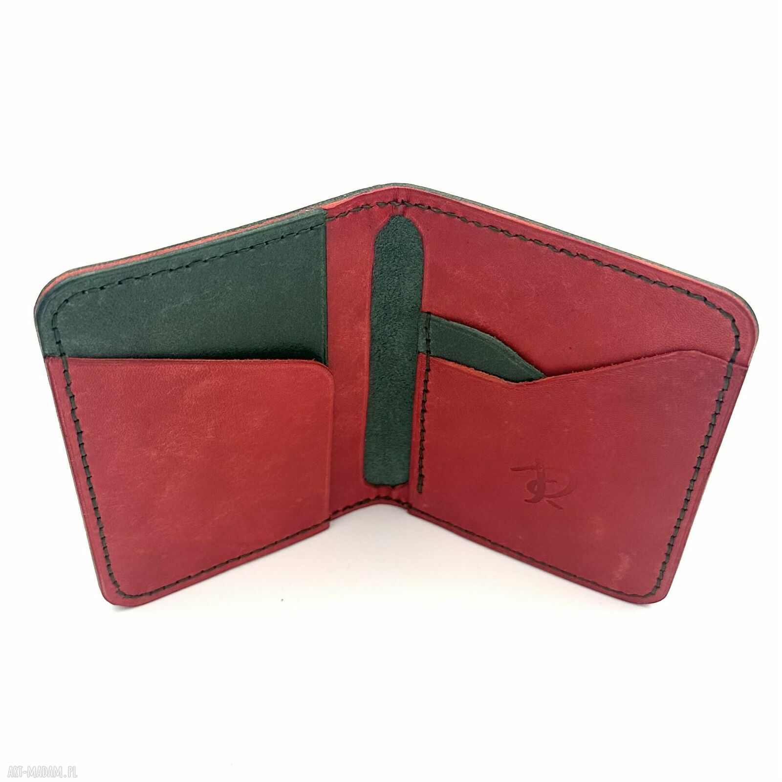 portfele: Zielono czerwony portfel ręcznie uszyty ze skóry garbowanej roślinnie