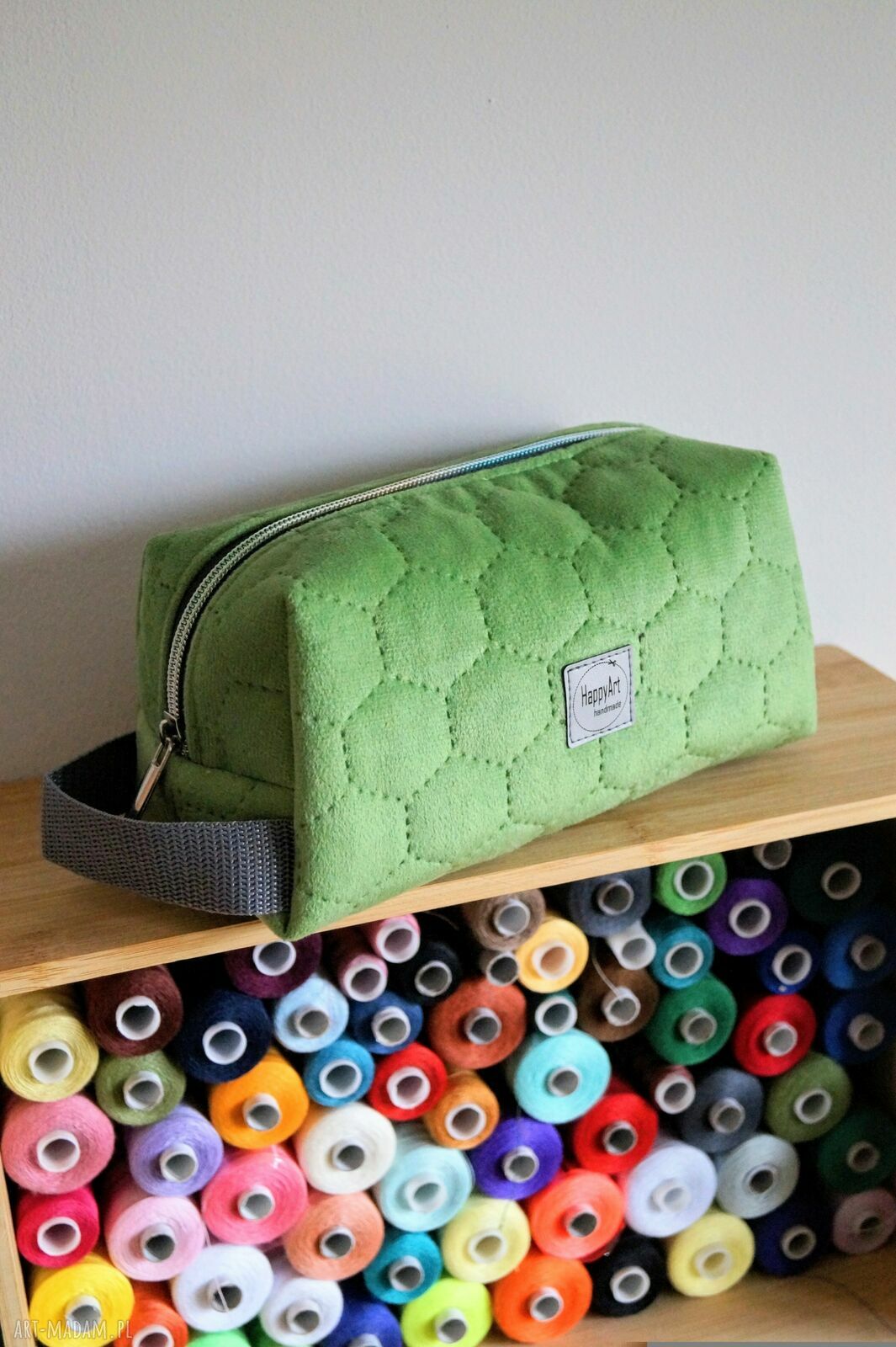 Szaro-zielona pikowana kosmetyczka M z organizerem - handmade