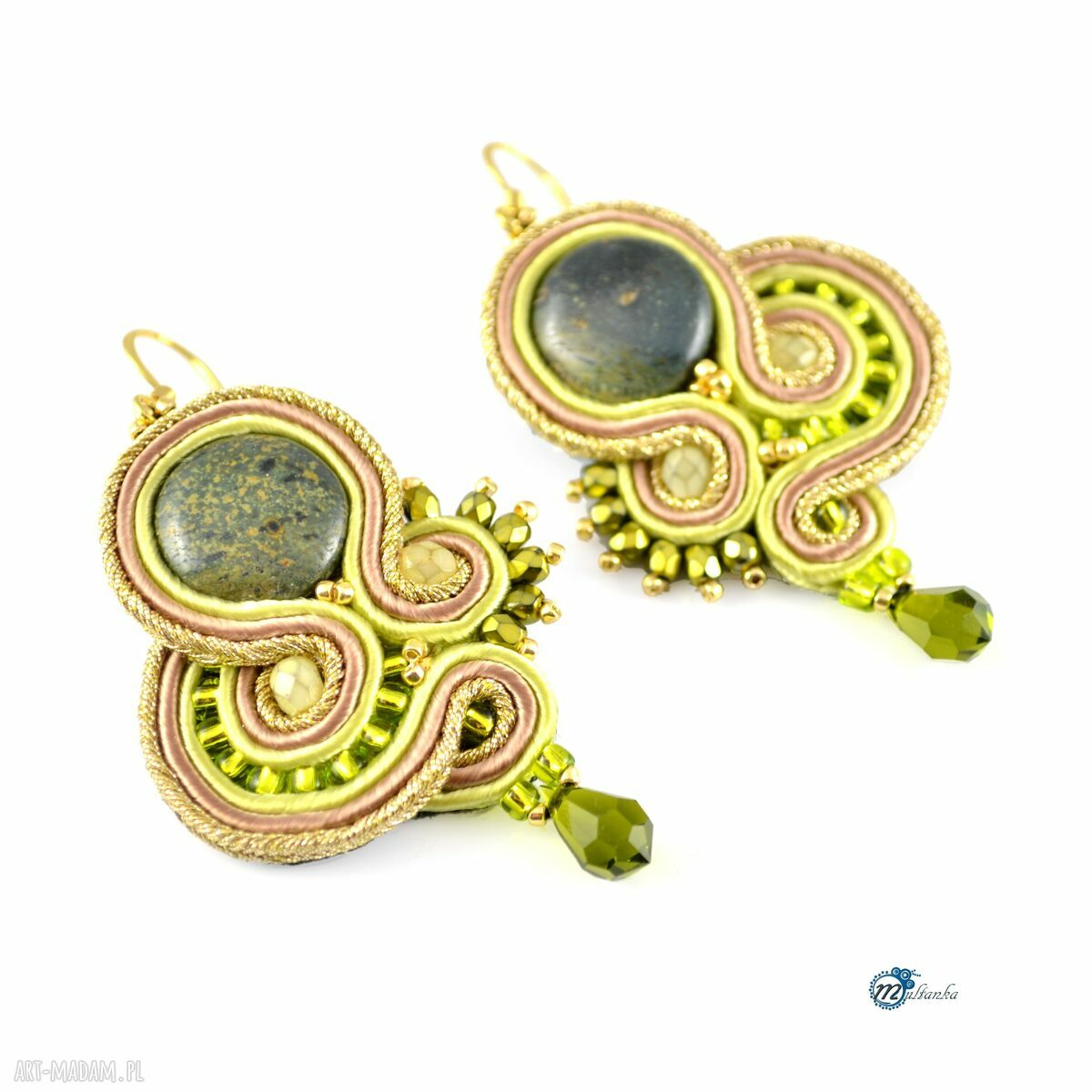 kolczyki: Zielono złote sutaszowe kolczyki z jaspisem Ręcznie robione