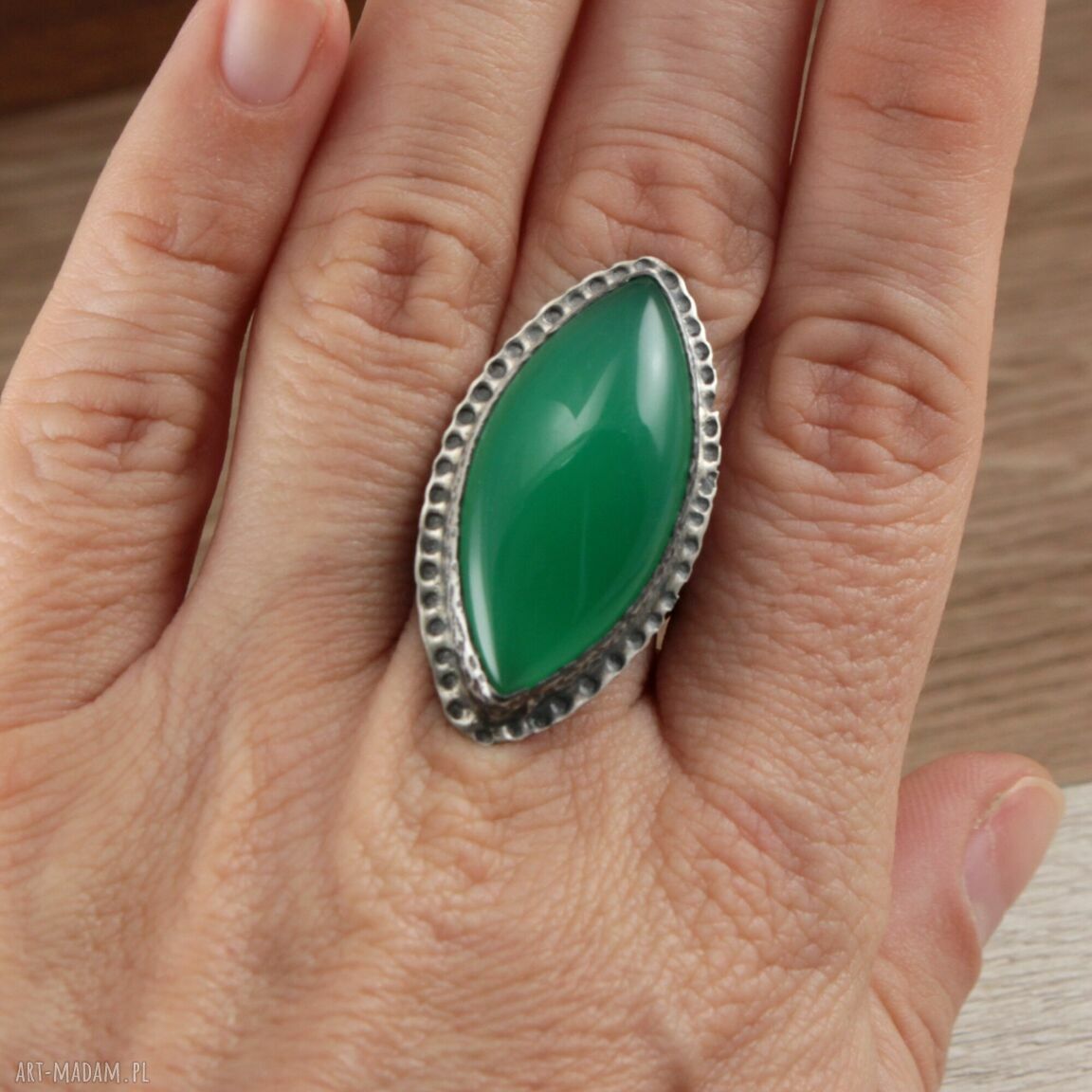 Zielony chalcedon w srebrze 925 i 999 - pierścionek ręcznie robiony r. 16,5