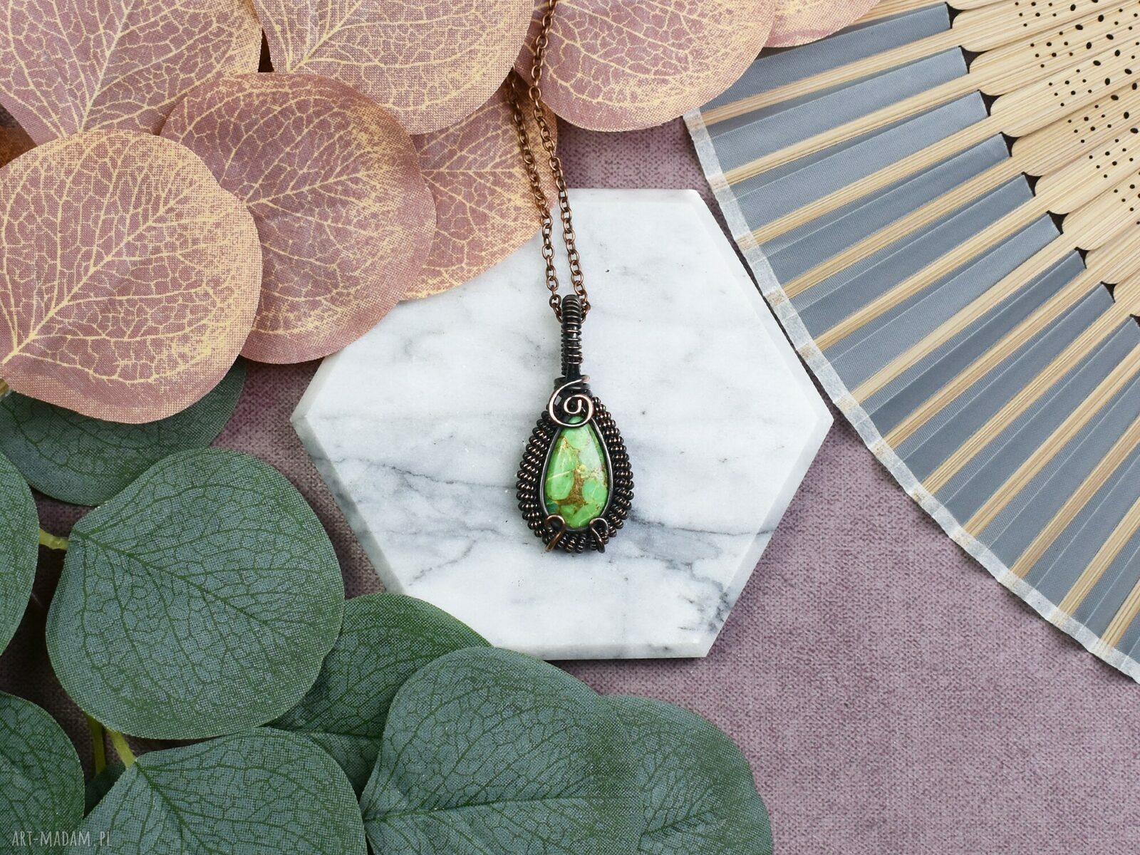 Miedziany wisiorek wire wrapping z jaspisem imperialnym – ręcznie robiony z kamieniem naturalnym