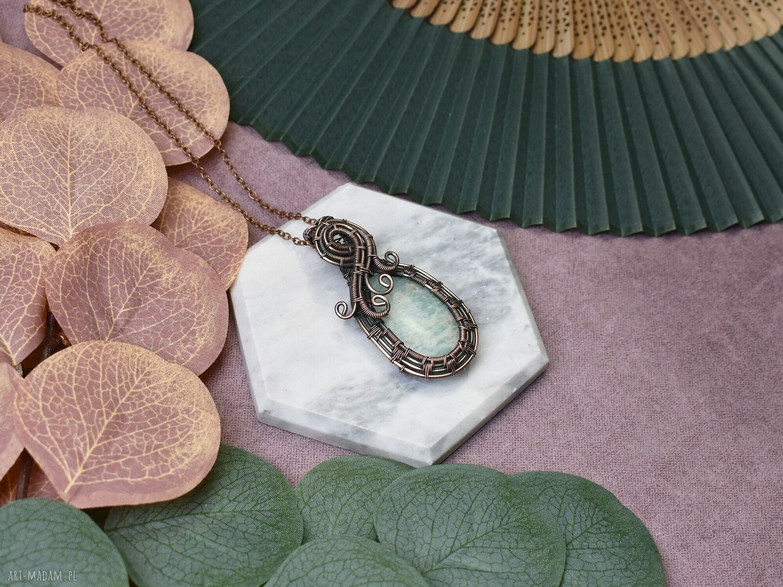 Miedziany wisiorek wire wrapping z amazonitem #470 ręcznie robiony