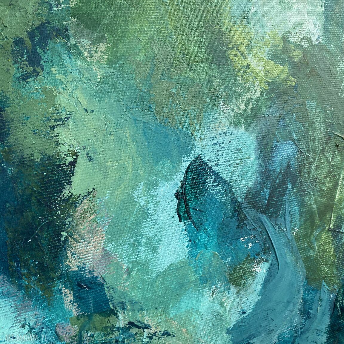 Zielony abstrakcyjny obraz akrylowy 70x100 cm do salonu - Szepty lasu