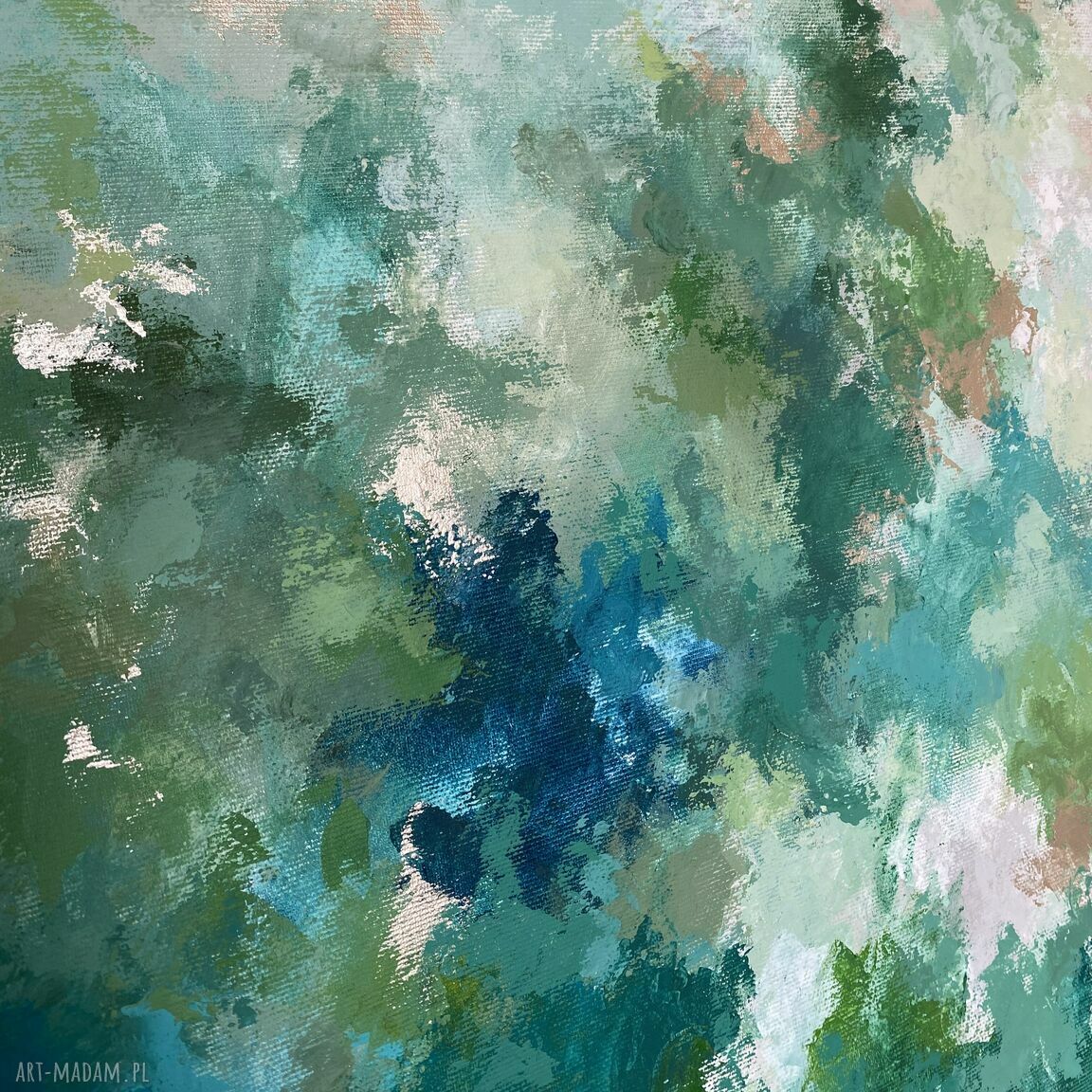 Zielony abstrakcyjny obraz akrylowy 70x100 cm do salonu - Szepty lasu