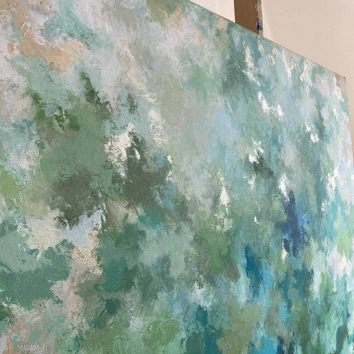 Zielony abstrakcyjny obraz akrylowy 70x100 cm do salonu - Szepty lasu