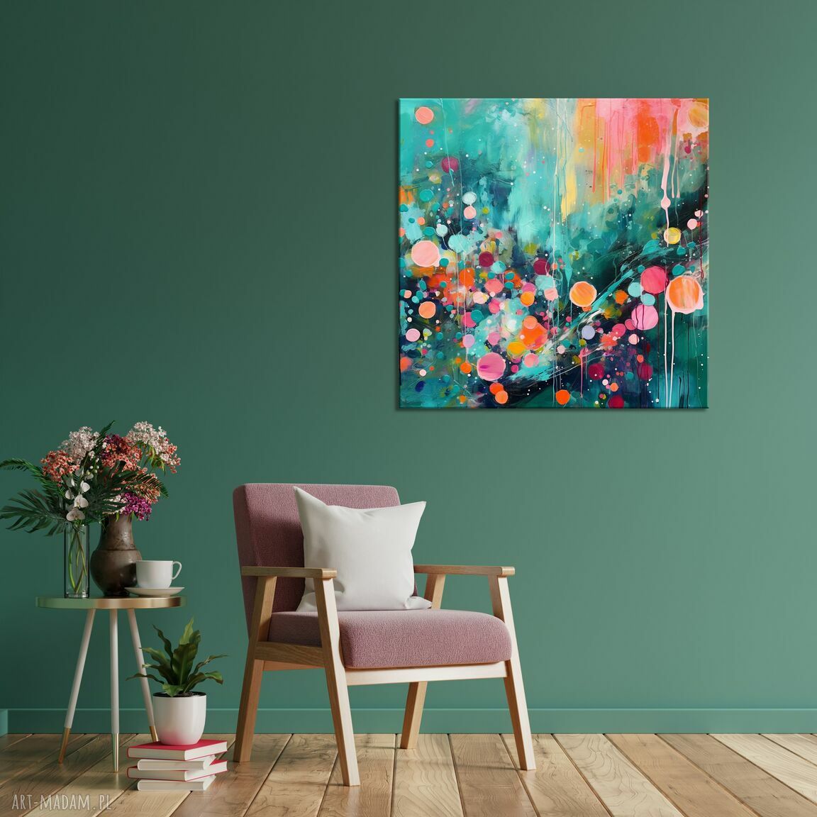 Zielony obraz abstrakcyjny - kolorowa abstrakcja na płótnie 60x60 cm