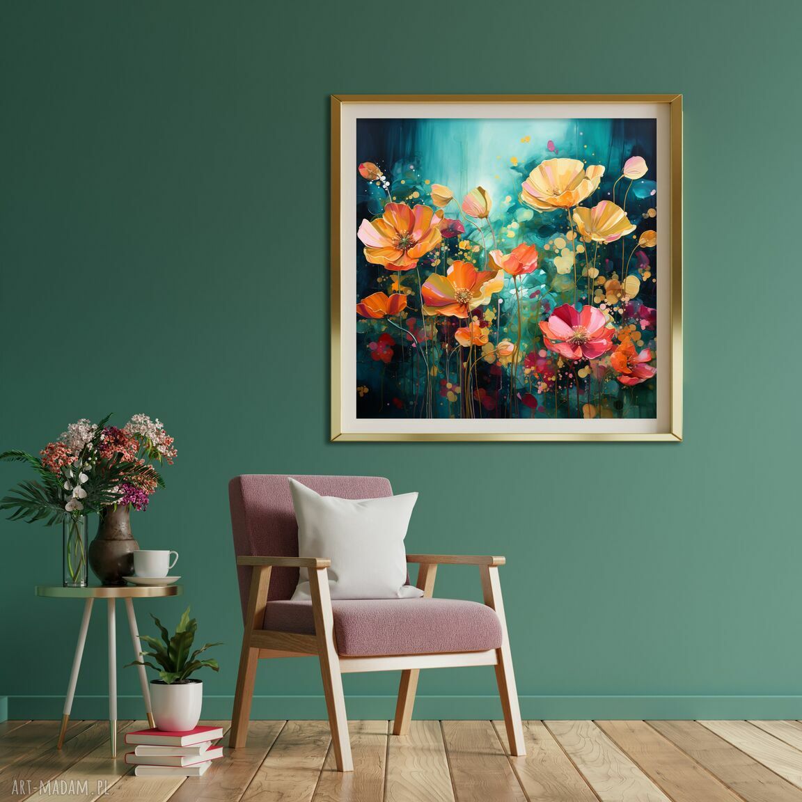 Zielony obraz z kolorowymi kwiatami 50x50 cm - abstrakcyjna łąka kwietna (wydruk artystyczny)